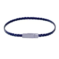 bracelet femme tresse plate en cuir brillant femoir aimanté métal argenté - bleu navy