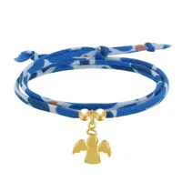bracelet double tour lien coton bleu et petit ange plaqué or