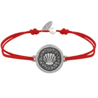 bracelet lien médaille ronde laiton argenté coquillage - rouge