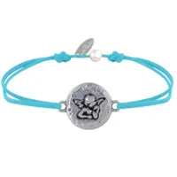 bracelet lien médaille ronde martelée laiton argenté ange raphaël - turquoise