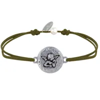 bracelet lien médaille ronde martelée laiton argenté ange raphaël - vert kaki