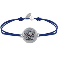 bracelet lien médaille ronde martelée laiton argenté ange raphaël - bleu navy