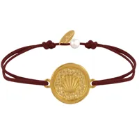 bracelet lien médaille ronde laiton doré coquillage - marron foncé