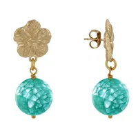 boucles d'oreilles clous métal doré fleur et perle de nacre facettée - turquoise