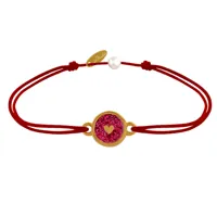 bracelet lien médaille laiton doré ronde coeur emaillée rouge pailletée - rouge