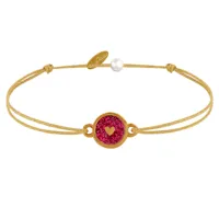 bracelet lien médaille laiton doré ronde coeur emaillée rouge pailletée - or