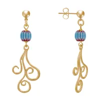 boucles d'oreilles clous métal doré perles striées et arabesques - bleu ciel