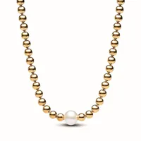 collier femme métal doré à l'or fin avec perle blanche et zircone pandora timeless